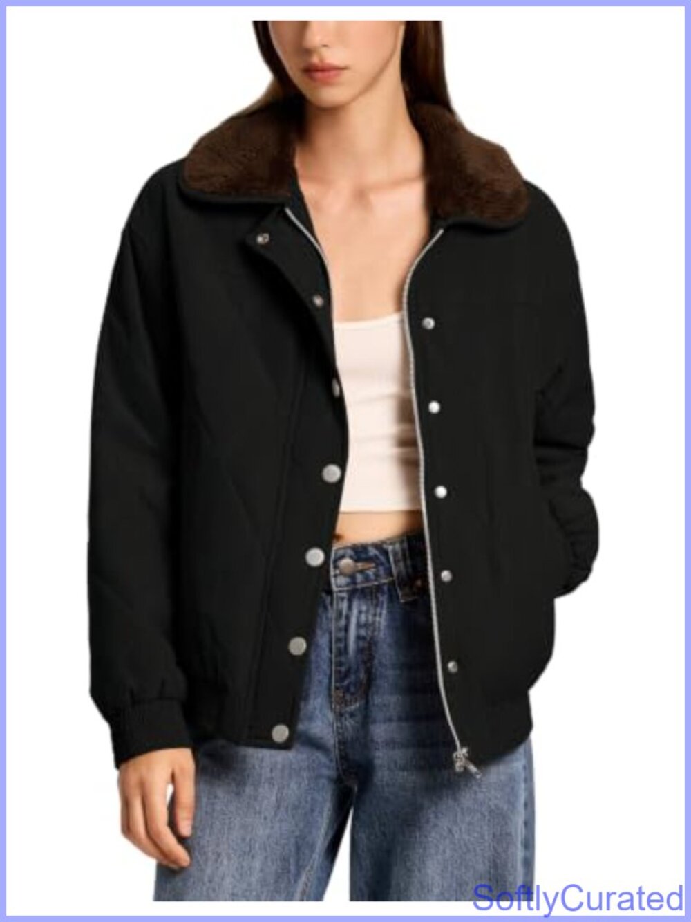 Quilted Puffer Jacket Faux Fur Collar Snap Button Cropped Coat